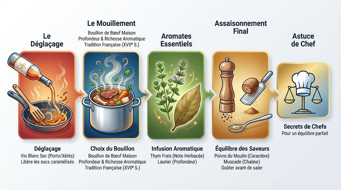 Déglaçage des oignons caramélisés pour une soupe traditionnelle