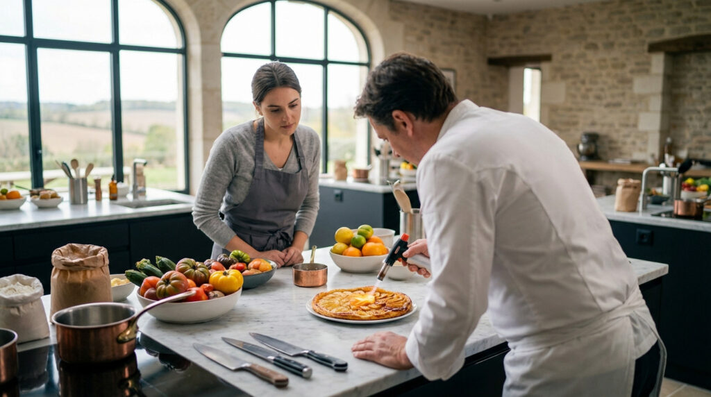 Un chef montre à une participante comment flamber une tarte aux pommes avec un chalumeau dans une cuisine moderne et lumineuse.