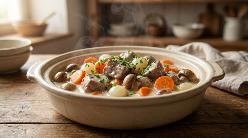 Une blanquette de veau fumante dans un plat en terre cuite, avec veau, carottes, oignons, champignons et persil ciselé.