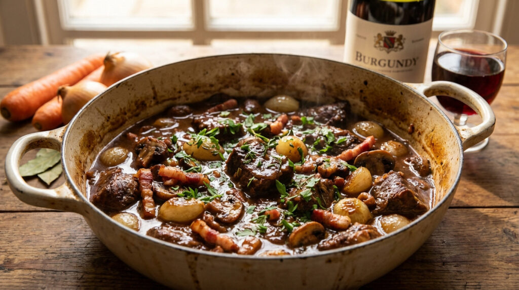 Un plat de Boeuf Bourguignon fumant dans une cocotte en fonte, garni de persil, avec des légumes et du vin rouge à côté.