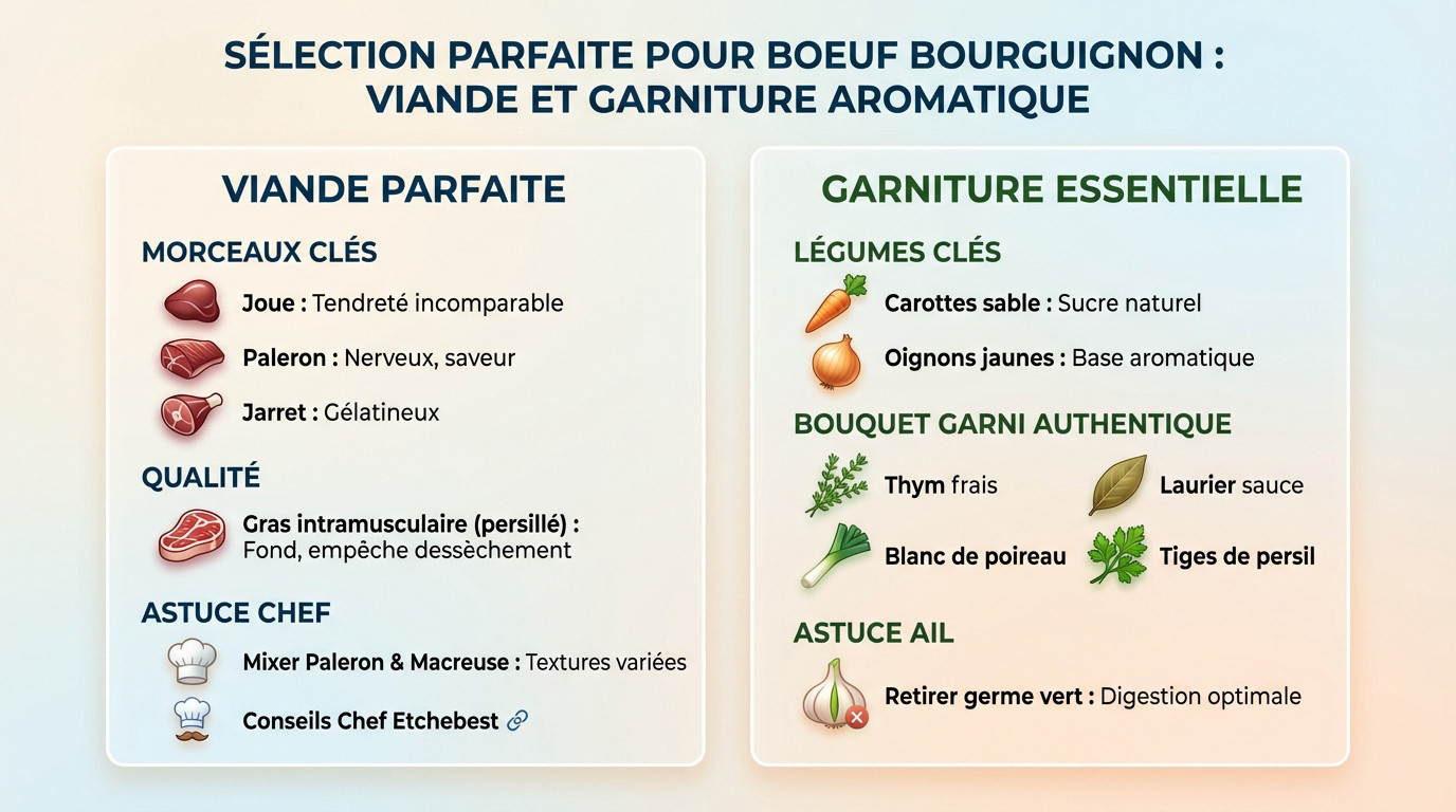 Sélection de morceaux de bœuf et garniture aromatique pour un bourguignon