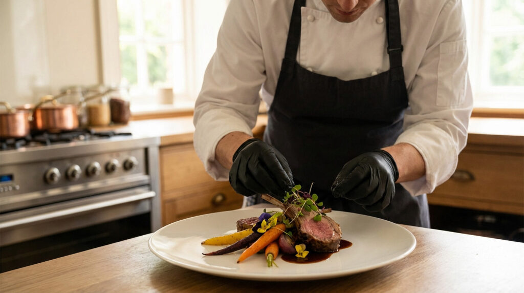 Un chef en uniforme blanc et gants noirs dresse un plat gastronomique. Il ajoute des herbes sur un carré d'agneau et légumes colorés.