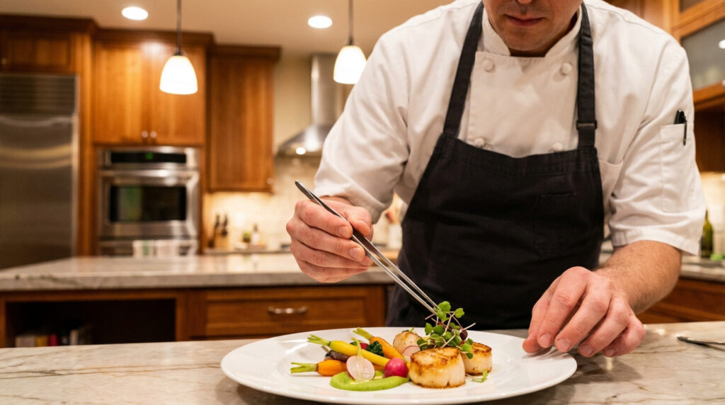 Chef en tablier noir dressant avec précision un plat de coquilles Saint-Jacques et légumes colorés dans une cuisine moderne.