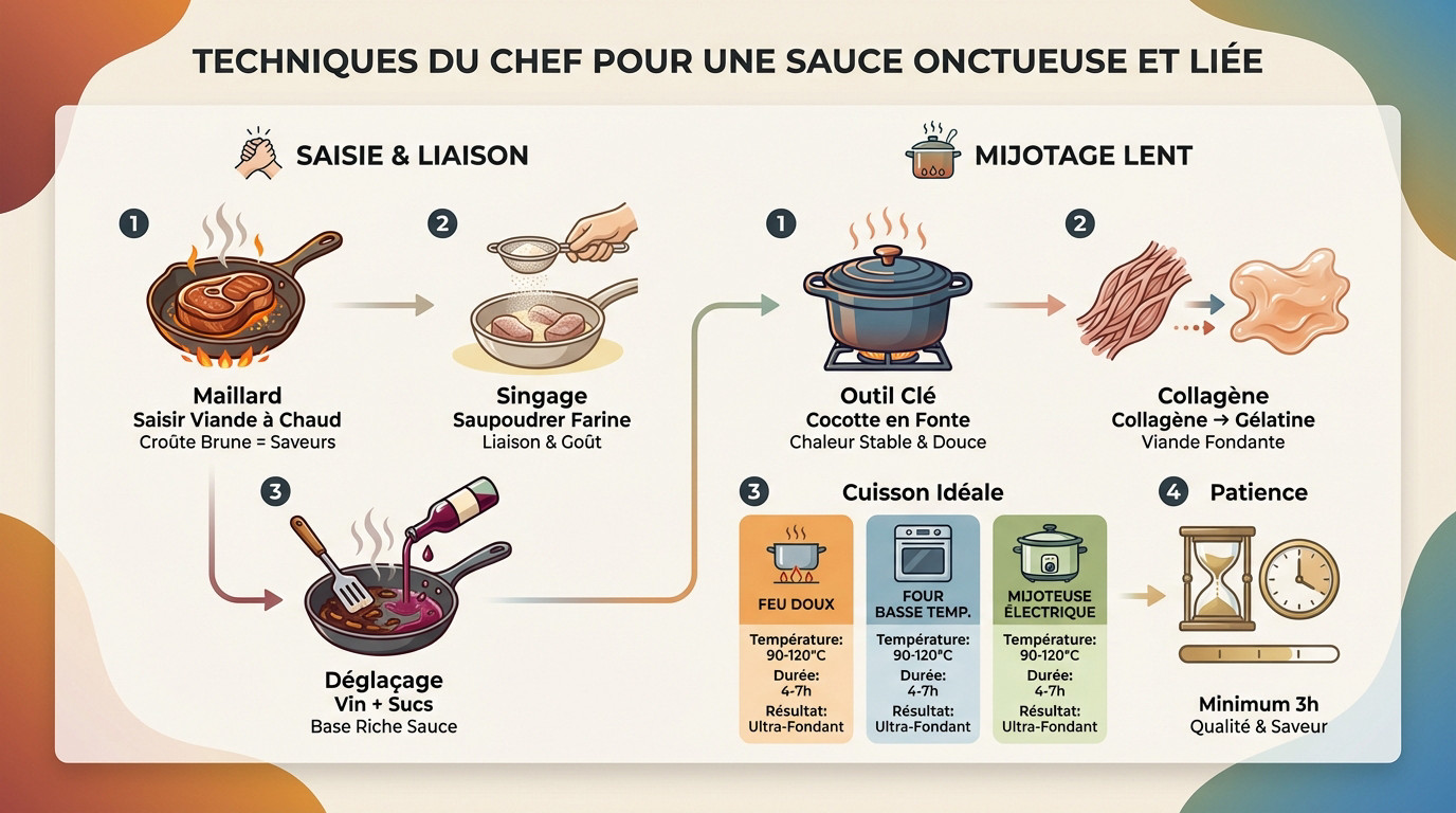 Chef cuisinier préparant une sauce de bœuf bourguignon onctueuse dans une cocotte en fonte