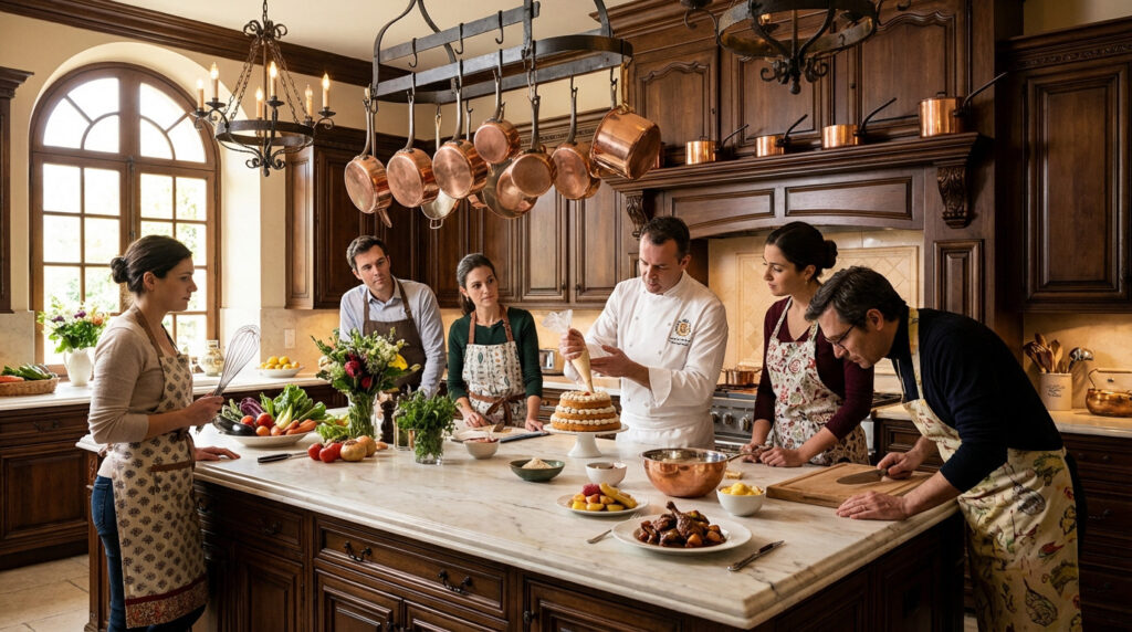 Six personnes apprennent la pâtisserie avec un chef dans une cuisine luxueuse, décorant un gâteau, avec des légumes frais et des plats.