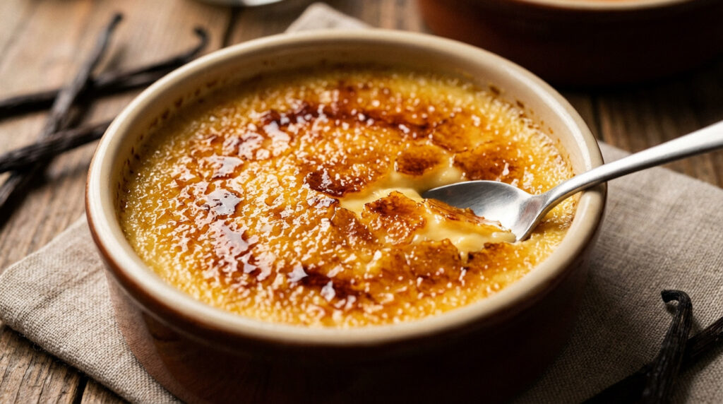 Crème brûlée dans un ramequin marron, avec une cuillère brisant sa croûte caramélisée dorée et brillante. Gousses de vanille en arrière-plan.
