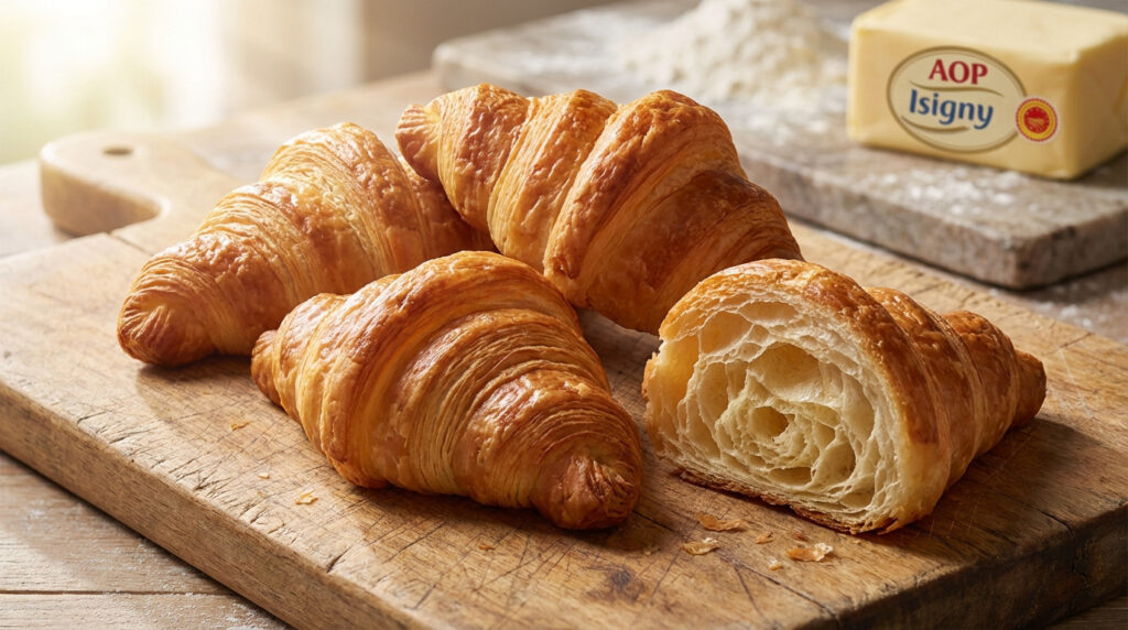 Image de quatre croissants fraîchement cuits sur planche en bois, l'un coupé montrant un feuilletage parfait, avec beurre AOP Isigny et farine.