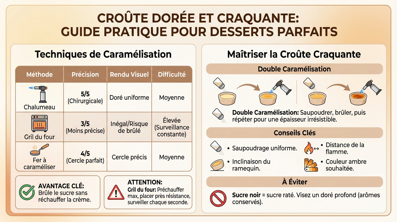 Gros plan sur la texture craquante et dorée d'une crème brûlée réussie au chalumeau
