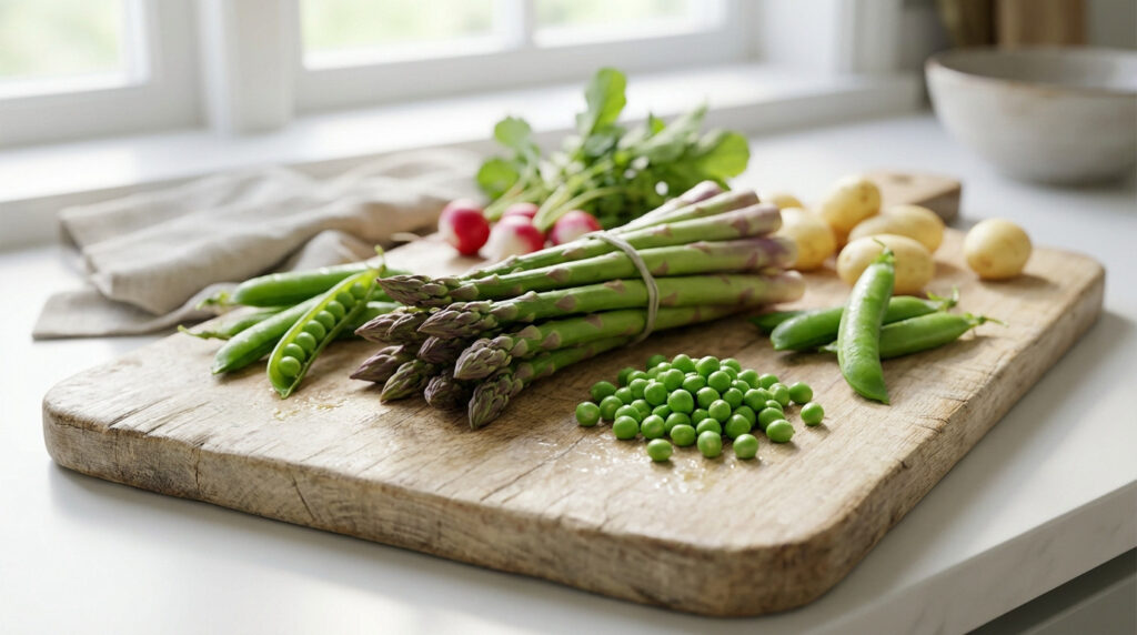 Une planche en bois avec des asperges vertes, petits pois frais, radis et pommes de terre nouvelles dans une cuisine lumineuse.