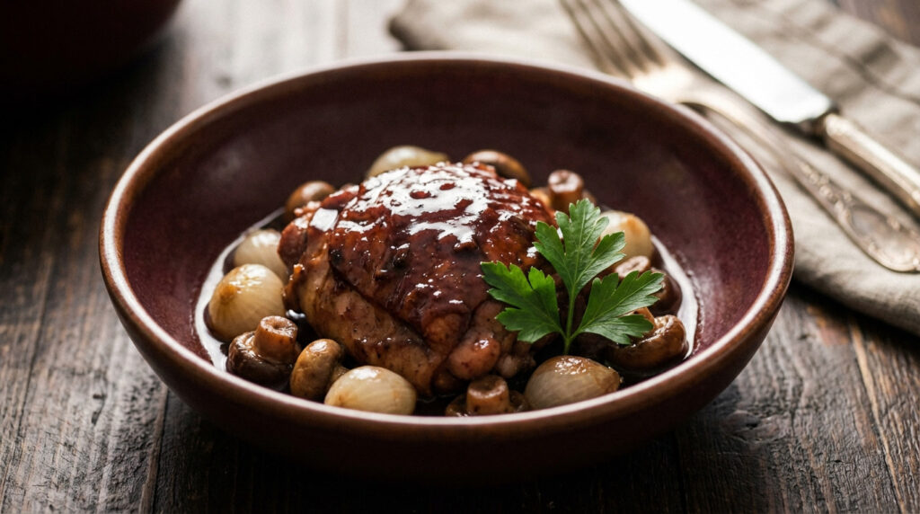 Close-up of gourmet Coq au Vin in a rustic bowl. Braised chicken, glossy dark sauce, pearl onions, mushrooms, and parsley on wood.