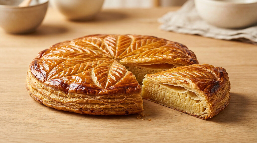 Une Galette des rois entière et une part coupée sur une table en bois clair. La pâte feuilletée est dorée, la garniture à la frangipane visible.