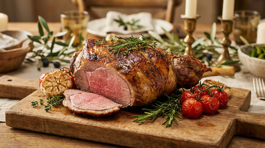 Gigot d'agneau rôti et juteux, coupé en tranches, garni de romarin, ail confit et tomates cerises sur planche en bois.