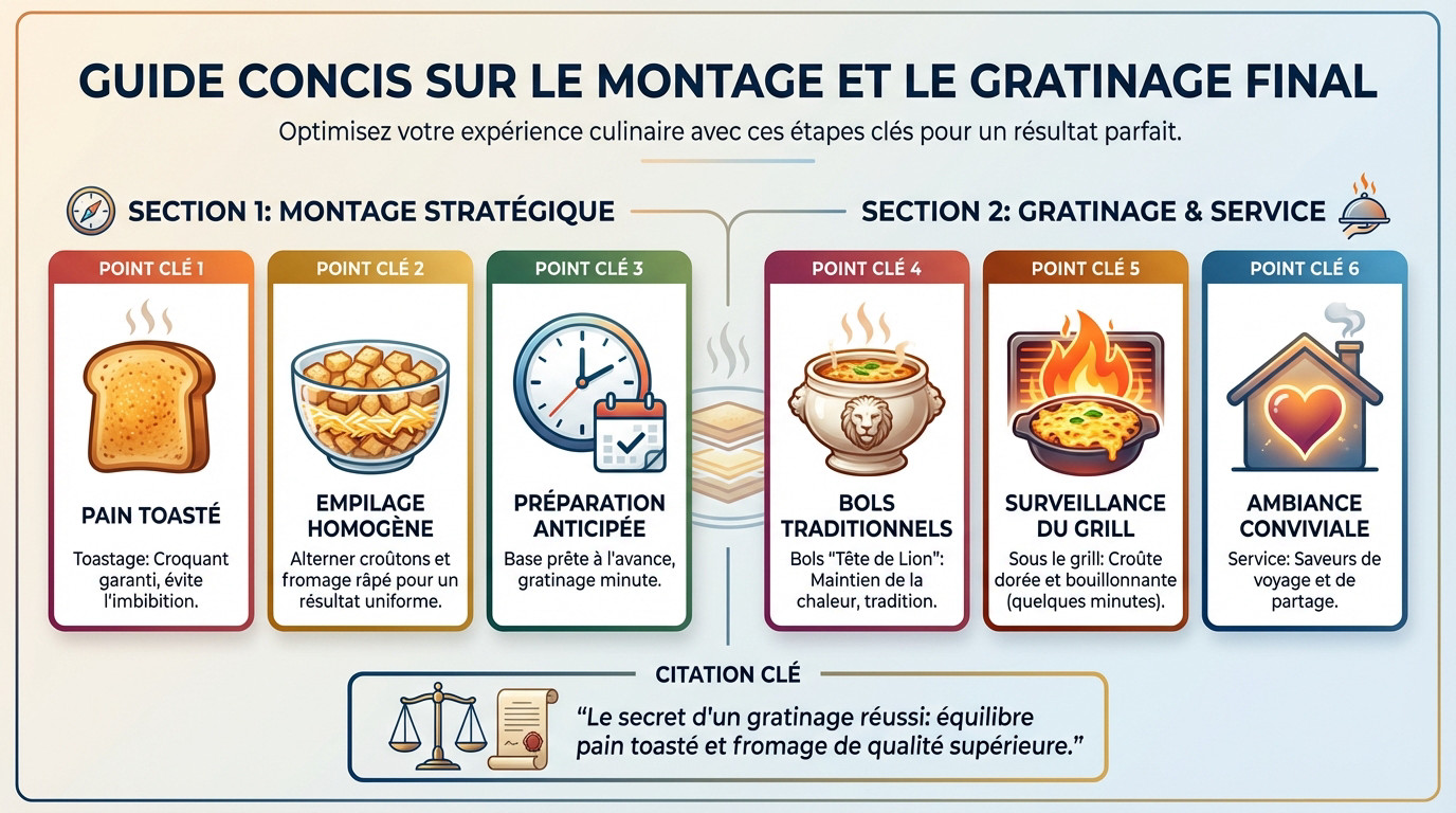 Montage et gratinage final de la soupe à l'oignon en cuisine