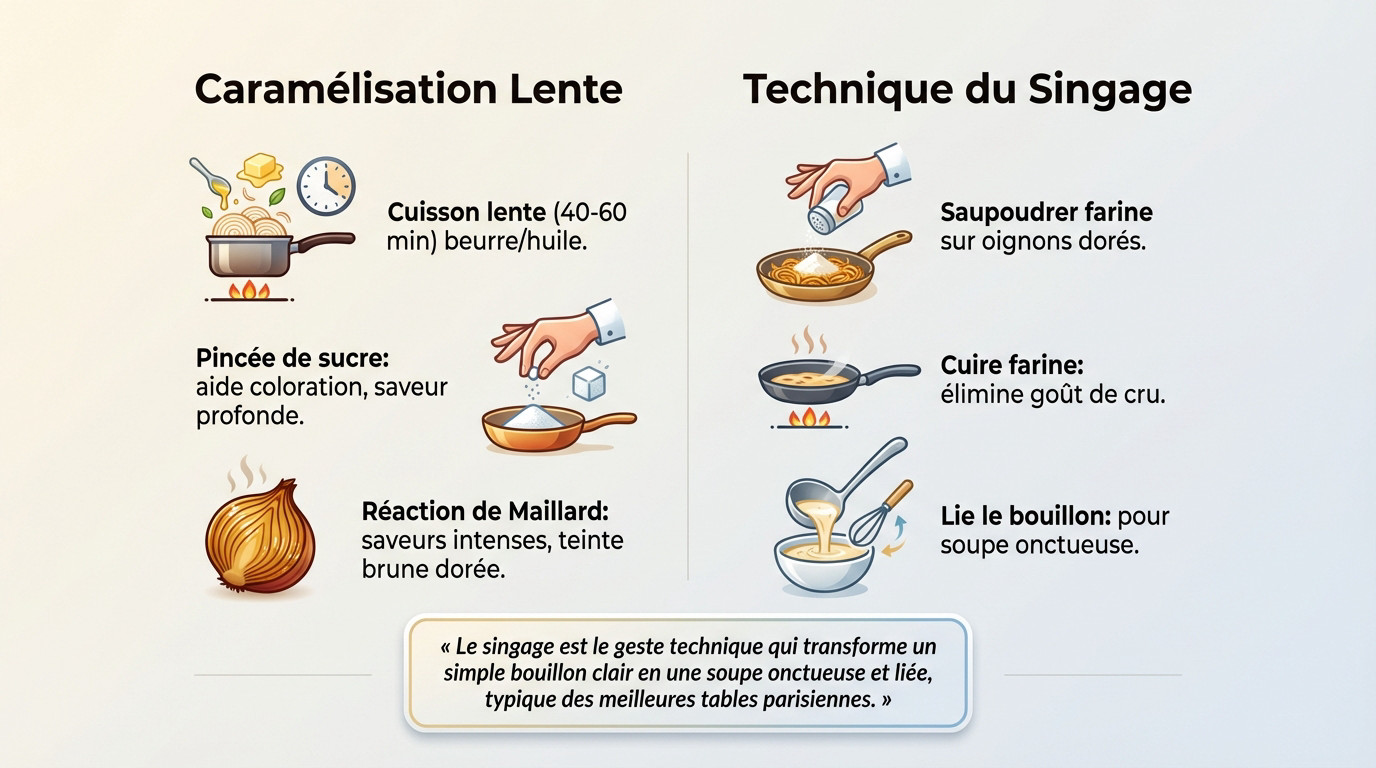 Infographie sur la caramélisation et le singage pour la soupe à l'oignon