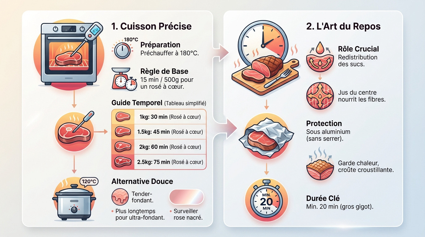Infographie des temps de cuisson et de repos pour un gigot d'agneau de Pâques 2026