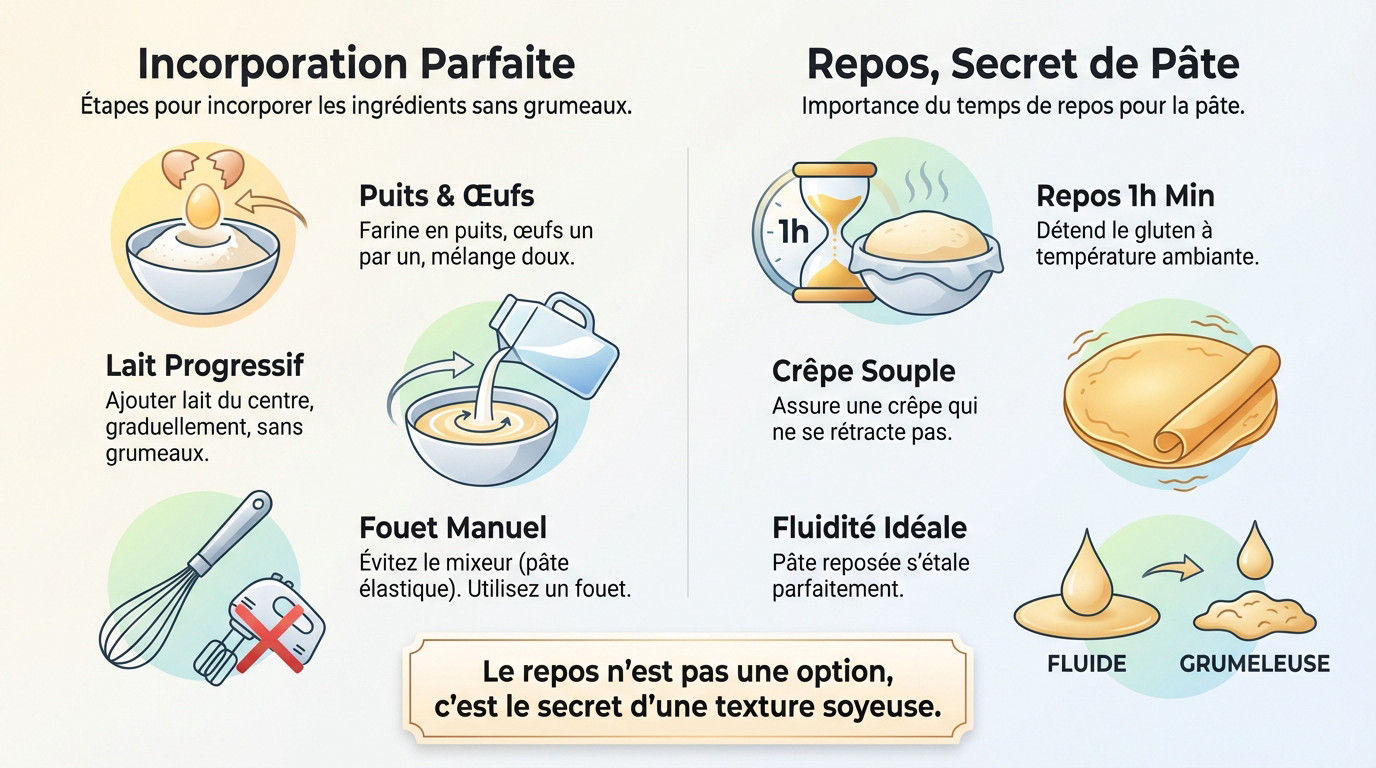 Infographie technique pour une pâte à crêpes fluide et lisse sans grumeaux