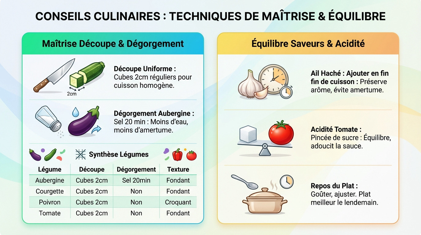 Infographie détaillant la découpe et le dégorgement des légumes pour une ratatouille parfaite