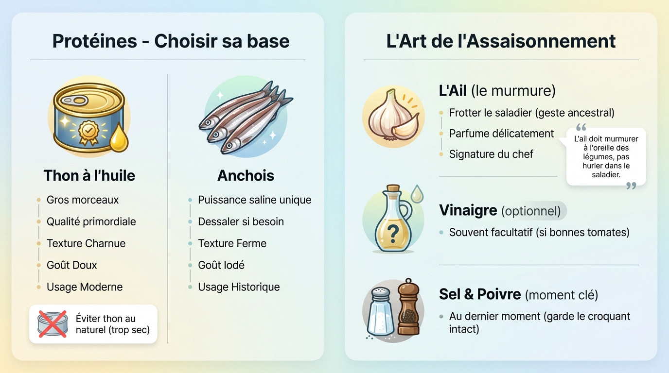 Infographie sur le choix des protéines et l'assaisonnement de la Salade Niçoise : La Vraie Recette de Nice (Sans Polémique)