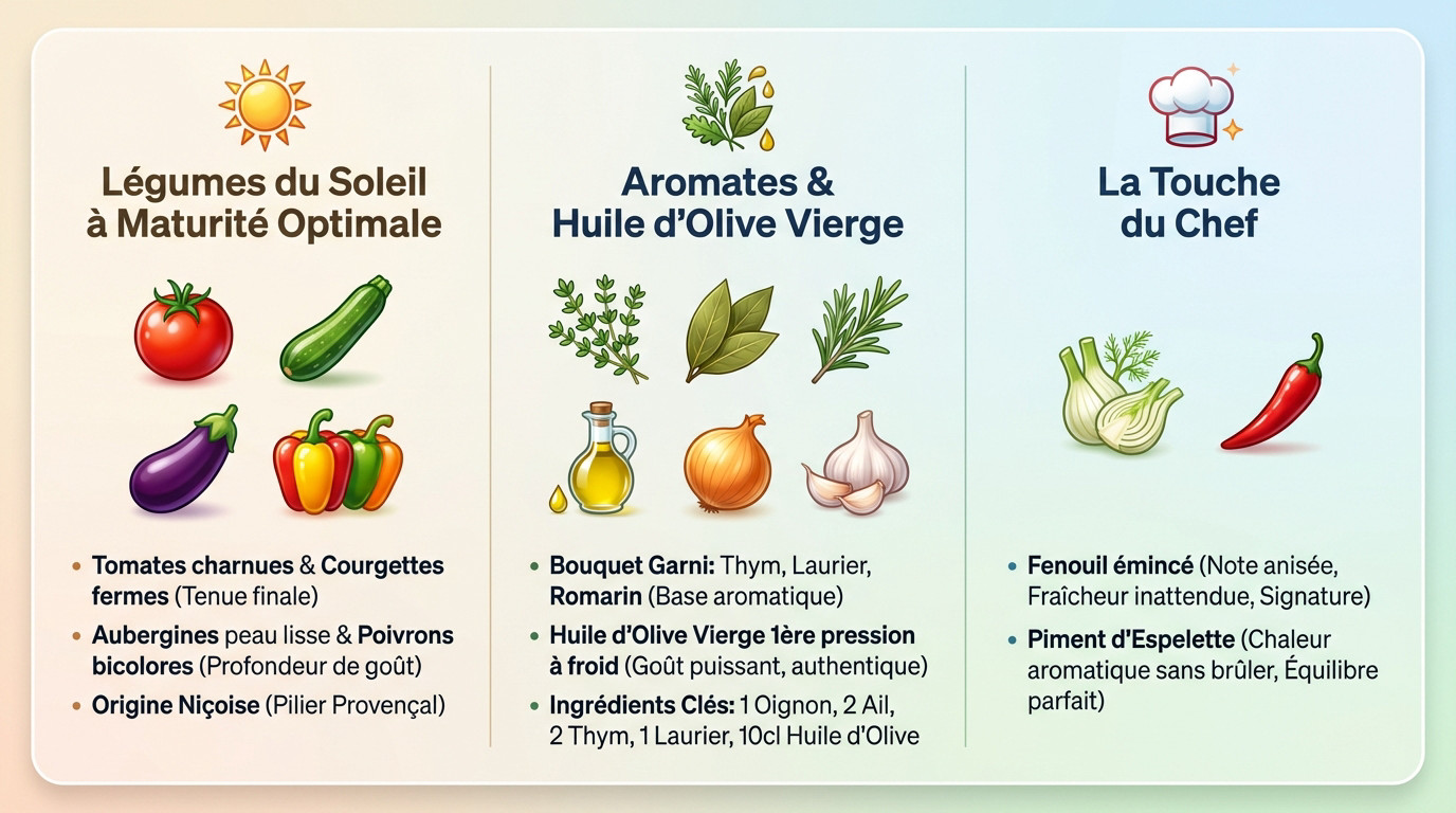 Légumes frais pour Ratatouille d'Été : <strong>La Technique de Chef Provençal</strong>« ></p>
<h3>Le choix des légumes du soleil à maturité optimale</h3>
<p>Tomates charnues et courgettes fermes sont vos meilleures alliées. La qualité brute du légume définit la tenue finale. C&rsquo;est le secret de votre Ratatouille d&rsquo;Été : La Technique de Chef Provençal.</p>
<p>Aubergines à peau lisse et poivrons bicolores apportent une profondeur. Ils <strong>signent l&rsquo;authenticité de votre ragoût</strong>.</p>
<p>Voici l’<a href=