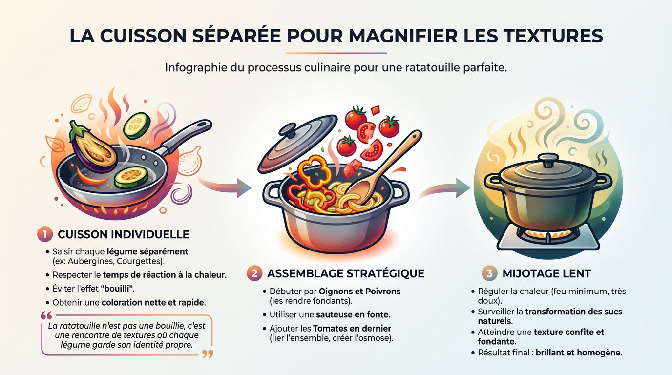 Légumes de ratatouille d'été saisis séparément dans une poêle pour préserver les textures