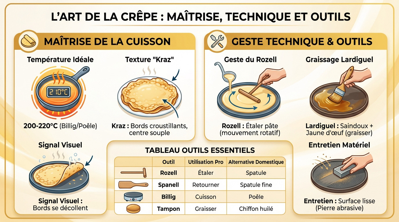 Technique de cuisson d'une crêpe bretonne sur une plaque en fonte avec un rozell