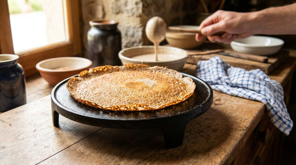 Galette de sarrasin dorée sur billig en fonte noire. Une main verse la pâte. Scène de préparation de crêpes bretonnes traditionnelles.