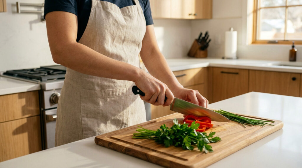 Personne en tablier coupant des poivrons rouges et des herbes sur une planche en bois dans une cuisine lumineuse et moderne.