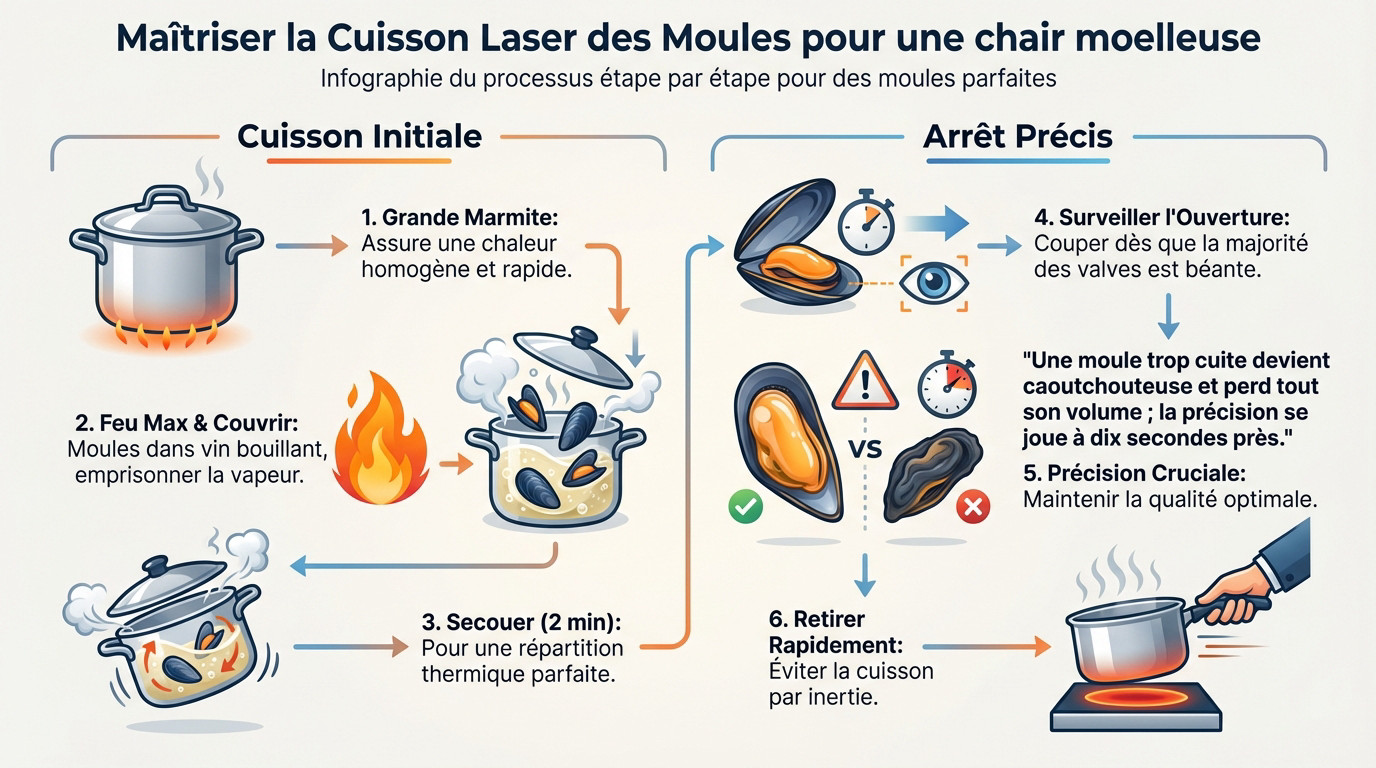 Cuisson des moules marinières à feu vif dans un faitout professionnel