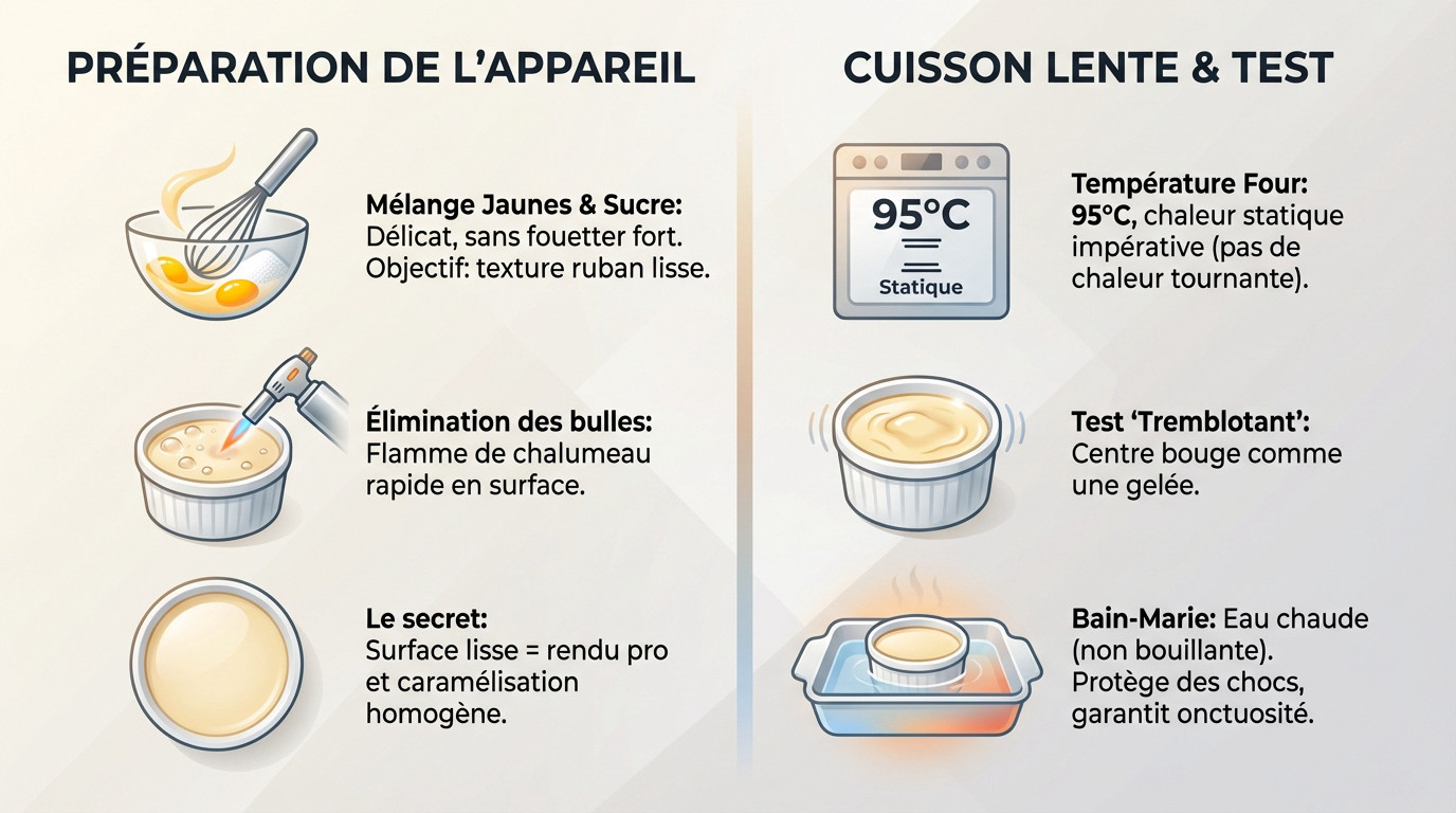 Cuisson lente au four pour une crème brûlée onctueuse