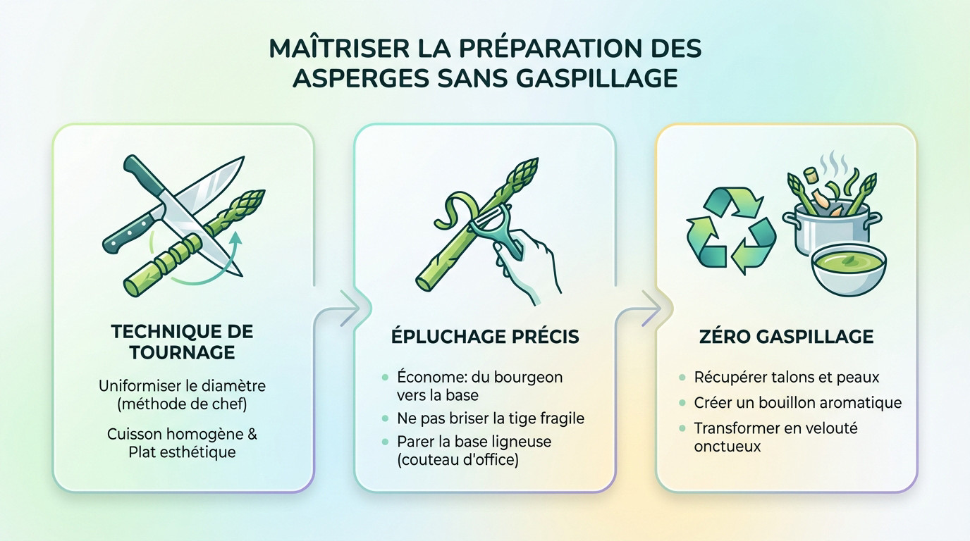 Technique de tournage et épluchage des asperges fraîches pour une cuisine zéro déchet