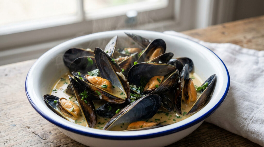 Un plat de moules marinières fumantes garnies d'herbes fraîches, servies dans un bol blanc à bord bleu sur une table en bois rustique.