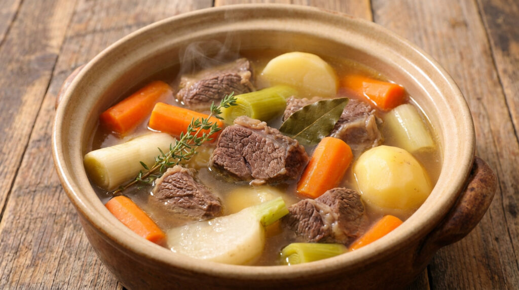 Pot-au-feu fumant dans une cocotte en terre, avec bœuf, carottes, poireaux, pommes de terre, feuille de laurier et thym.