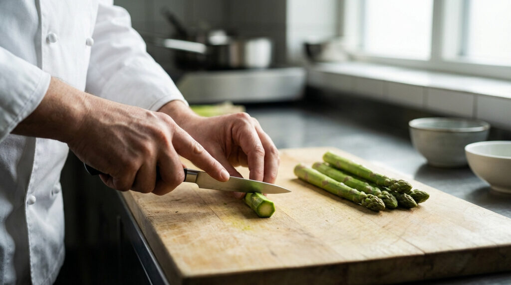 Un chef professionnel tranche les asperges sur une planche en bois dans une cuisine lumineuse, préparant le tournage.