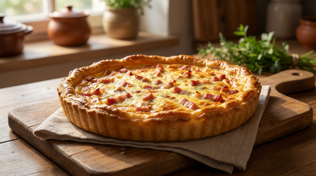 Quiche Lorraine dorée et croustillante, garnie de lardons et d'un appareil crémeux, posée sur une planche en bois.