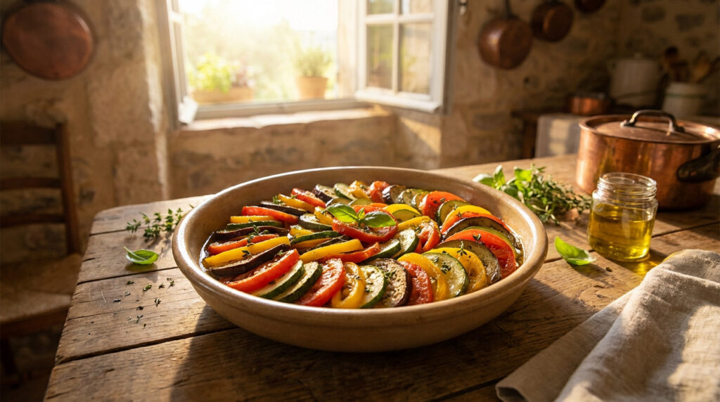 Plat de ratatouille provençale fraîchement préparée, garni de basilic, sur une table en bois rustique dans une cuisine ensoleillée.