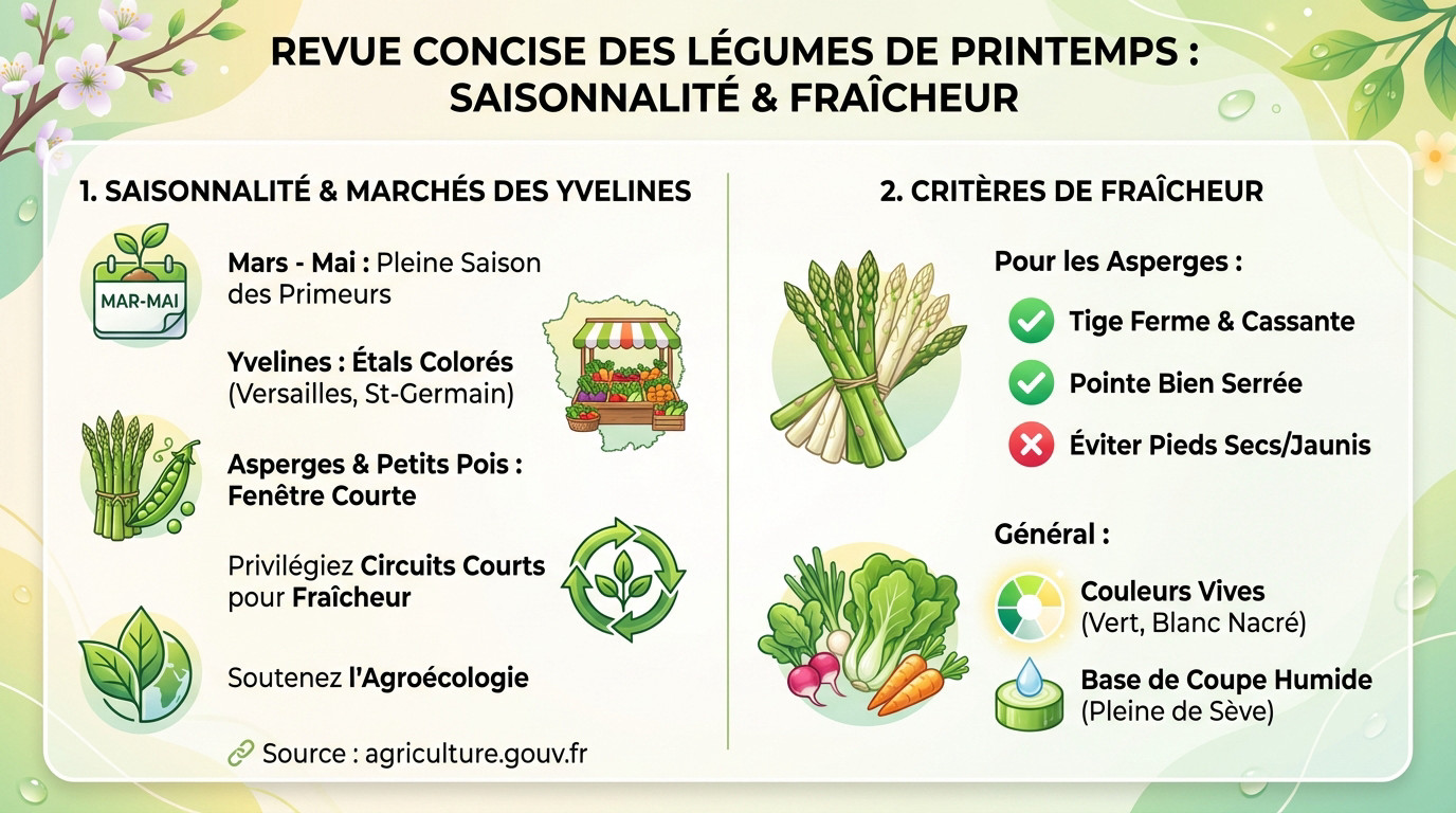 Asperges et légumes de printemps frais sur un étal de marché