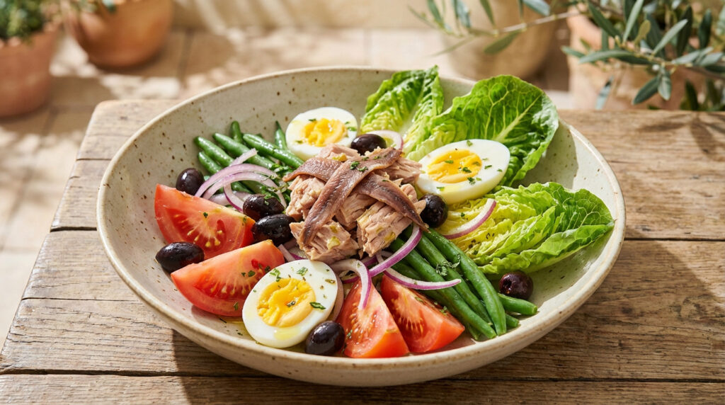 Une salade niçoise traditionnelle colorée avec thon, anchois, œufs, haricots verts, tomates, laitue, olives et oignons rouges sur une table en bois.