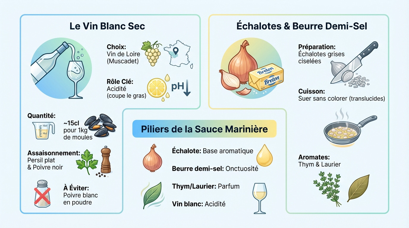 Ingrédients frais pour préparer des moules marinières traditionnelles bretonnes