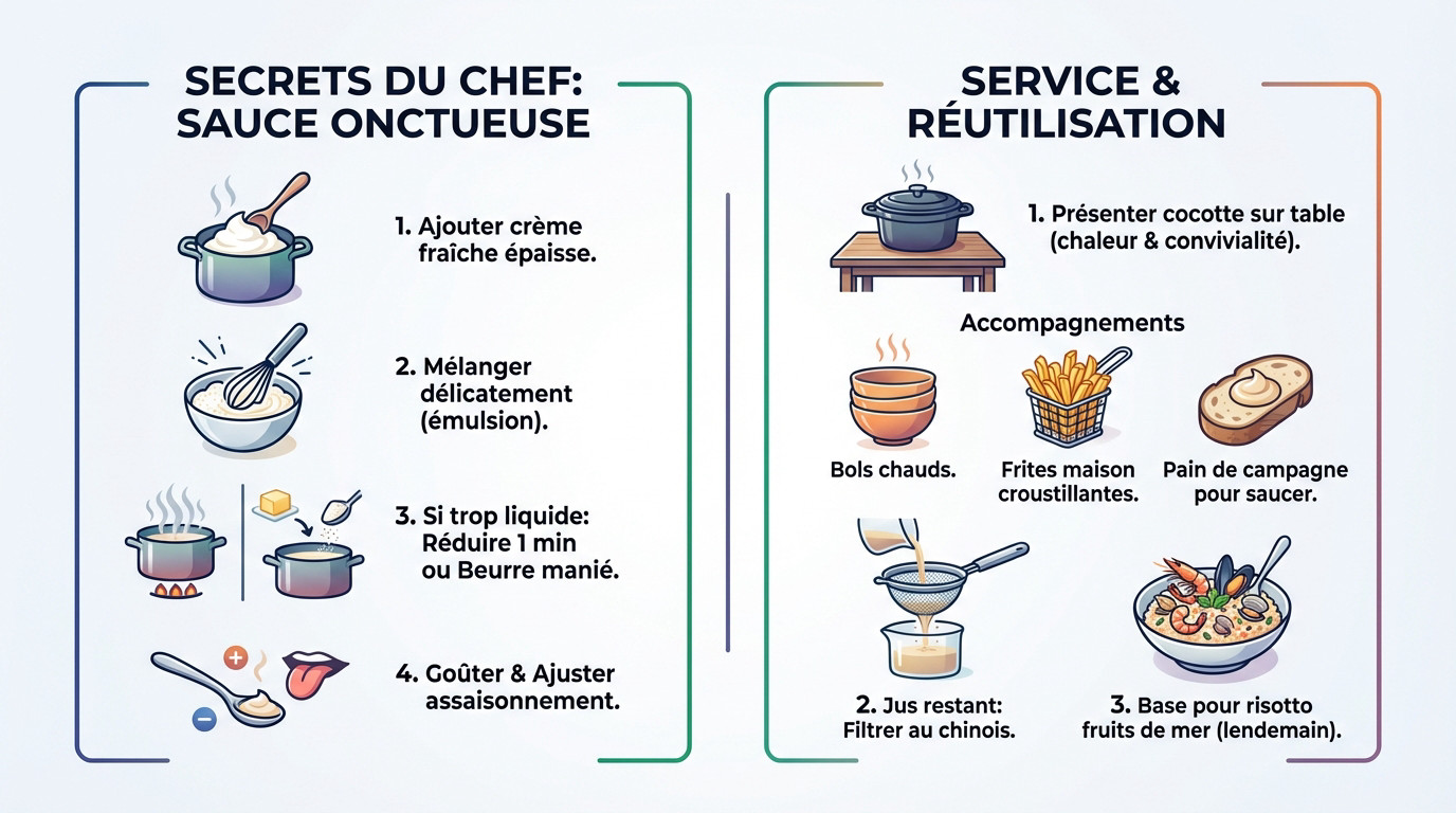 Dressage de moules marinières avec frites et sauce onctueuse