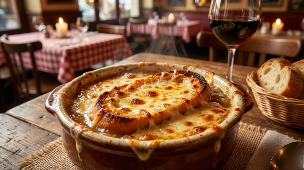 Gros plan sur une soupe à l'oignon gratinée fumante dans un bol en terre cuite, avec du vin rouge et du pain dans un bistrot chaleureux.