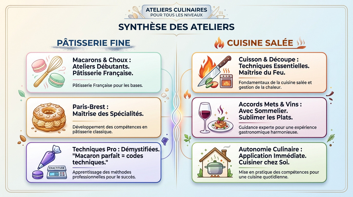 Synthèse des ateliers culinaires pâtisserie et cuisine salée à Versailles