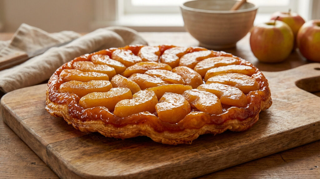 Tarte Tatin dorée et appétissante, garnie de pommes caramélisées sur une pâte feuilletée. Présentée sur une planche en bois.