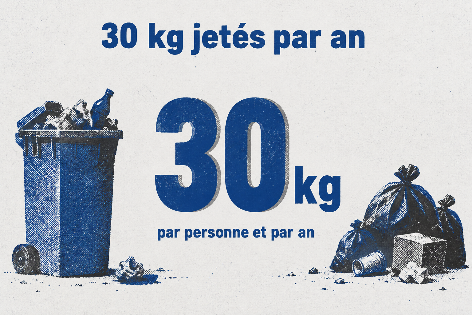 Infographie : 30 kg de nourriture jetés par personne et par an.