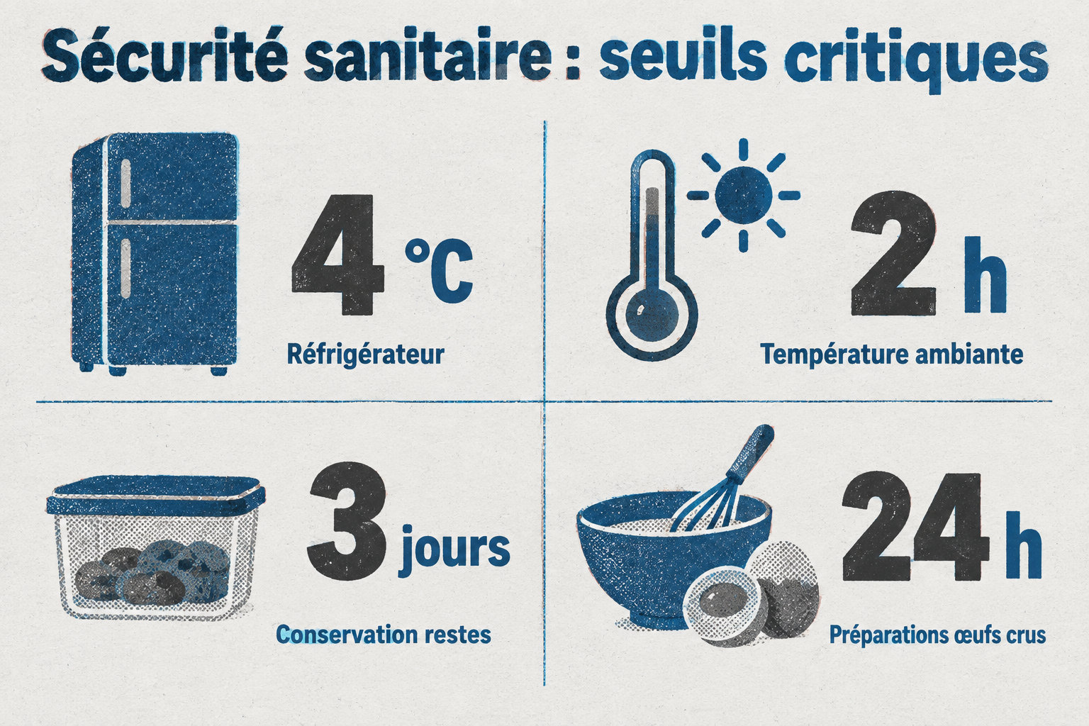 Une infographie récapitulant les seuils critiques de température et de temps pour la conservation des aliments.