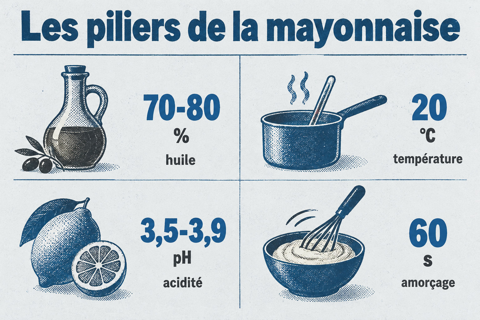Un graphique montrant quatre facteurs clés pour réussir une mayonnaise : 70-80% d'huile, une température de 20°C, un pH acide entre 3,5 et 3,9, et un amorçage de 60 secondes.