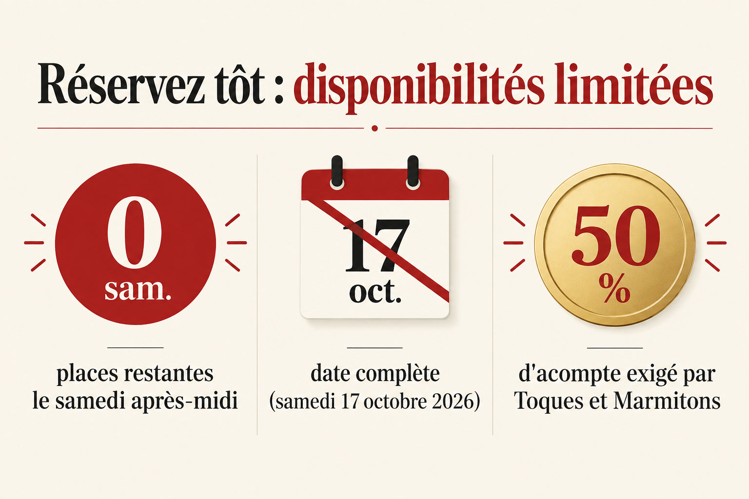 Infographie sur les disponibilités : 0 samedi, 17 octobre complet, 50 % d'acompte.
