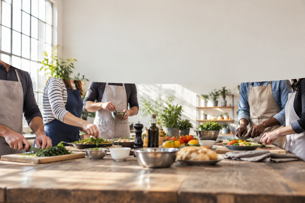 Groupe de collègues en tabliers cuisinant ensemble dans un atelier de cuisine lumineux.