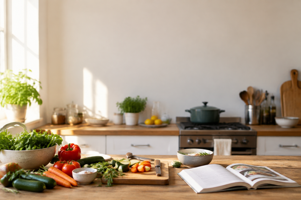 Cuisine lumineuse avec des légumes frais sur le comptoir, une planche à découper et un livre de cuisine ouvert.