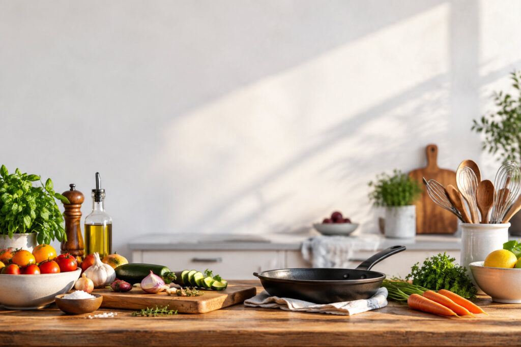 Un plan de travail de cuisine en bois avec des légumes frais, des ustensiles et une poêle sous une lumière douce.