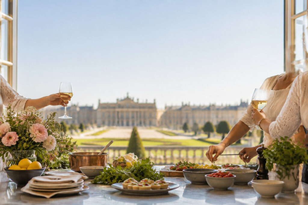 Vue depuis une fenêtre sur le Château de Versailles, montrant des mains préparant un repas festif avec des verres de vin.